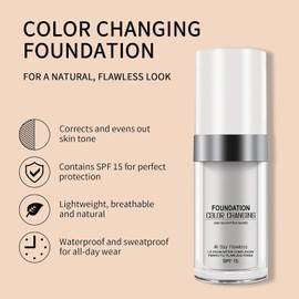 Colour Changing Foundation for Mature Skin – Corrects Skin Tone, Moisturizes & Provides SPF 15 Sun Protection – Adapts to Multiple Skin Tones – Lightweight 30 ml Makeup