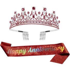 Tiara for Women Anniversary Happy Anniversary Tiara and Sash Set for Celebration Party Supplies Gifts Favors and Decorations Red Crowns for Women Gifts