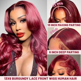 Ghios 32 Inch 99J Burgundy Wig Human Hair 13x6 Body Wave Lace Front Wigs Human Hair 210% Density 99j Burgundy Lace Front Wigs Human Hair Red Wine Glueless Pre Plucked for Women