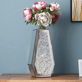 Crushed Diamond Mirrored Flower Vase Large Glass Vase Modern Crystal Decorative Mirror Vases Stunning Luxury Tall Floor Vase for Centerpieces Flowers Home Decor, Silver, 14" H. Can’t Hold Water.