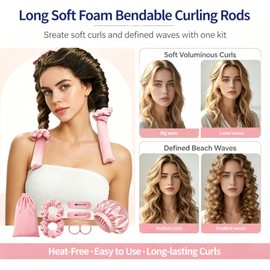 Rizadores de pelo sin calor, 2 tamaños, color rosa, juego con gorro para dormir, Scrunchies y clips para el pelo, para cabello largo y mediano
