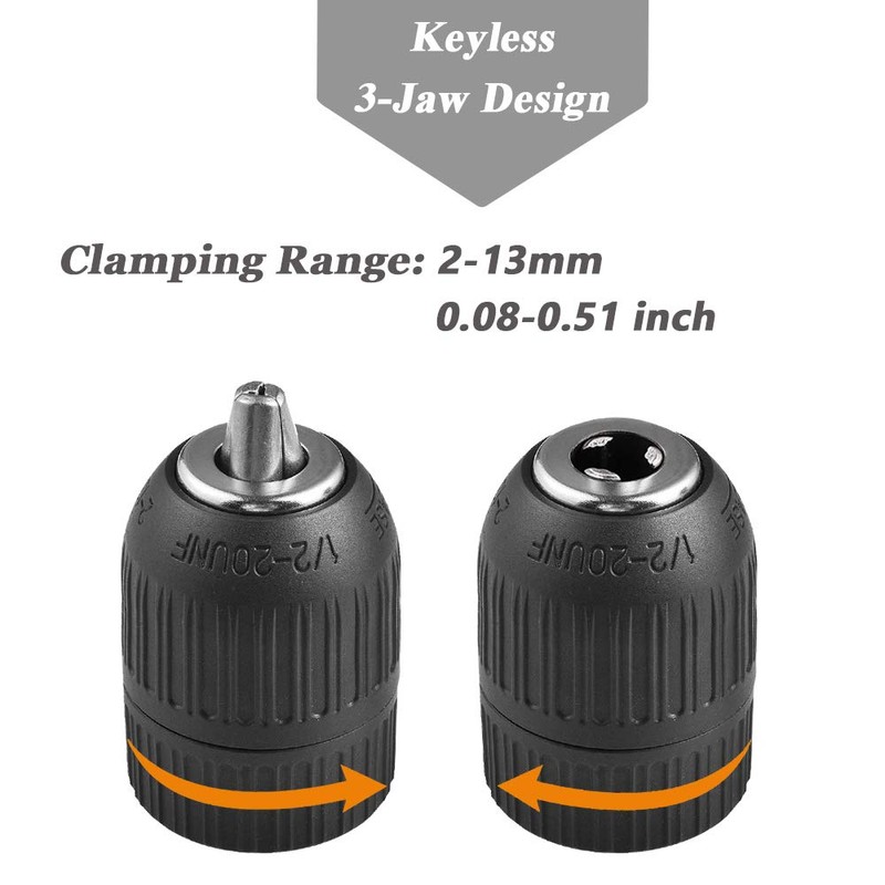 Mesee 2-13mm Capacity Keyless Drill Chuck, Mount 1/2-20UNF Quick Release