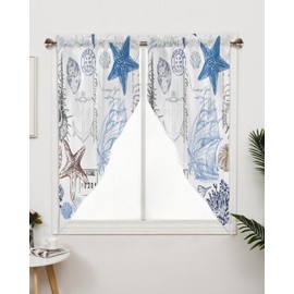 Nautical Swag Curtains,Starfish Shell Coral Kitchen Valances Rod Pocket Retro Boat Anchor Curtains Tier Pair Swag Topper,Underwater World 2 Panels Window Treatment for Bathroom Living Room