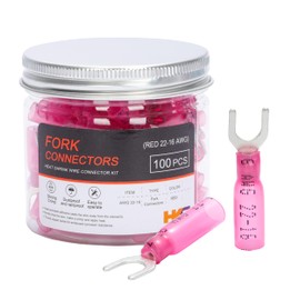 HKS 100PCS Fork Connector #10 Red 22-16 Gauge - Heat Shrink Spade Fork Wire Connectors Kit - Tinned Red Copper - Automotive Marine Crimp Connectors - Waterproof and Insulated Terminals