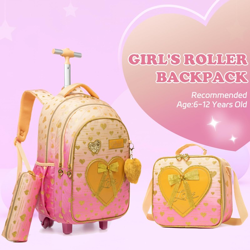 Kids Bowtie Heart Rolling Backpack for Girls Trolley Suitcases Luggage
