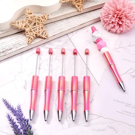 Bestewelry 5 pcs Plastic Beadable Pens Ballpoint Pen Beaded Pen Black Ink with Plastic Ballpoint Pen Refills for Pen Decoration Office School Supplies, Camellia