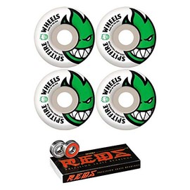 Spitfire 59mm Wheels Bighead White/Green Skateboard Wheels - 99a with Bones Bearings - 8mm Bones Reds Precision Skate Rated Skateboard Bearings (8) Pack - Bundle of 2 Items