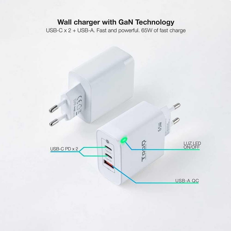 TOOQ TQWC-GANQC2PD65WT - 3-Port Wall Charger with GaN Technology, 2