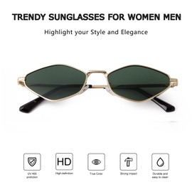 JUDOO Trendy Metal Hexagon Sunglasses for Women Men Gold Vintage Narrow Irregular Shades Green Retro Hexagonal Sun Glasses (Gold Frame/Green Lens)