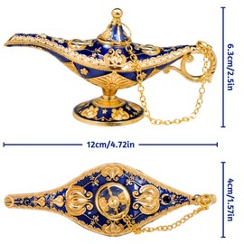Genie Lamp Aladdin, Mini Aladdin Miracle Lamp, Carved Gold Decoration, Genie Oil Lamp, Classic Decorative Item Genie Lamp - Golden Blue, 12 x 4 x 6.3 cm
