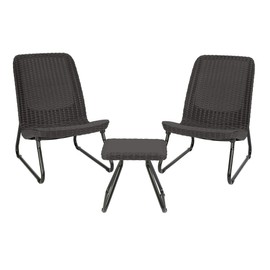 Keter Rio 3 Piece Resin Wicker Patio Furniture Set with Side Table and Outdoor Chairs for Front Porch and Backyard Decor, Dark Grey