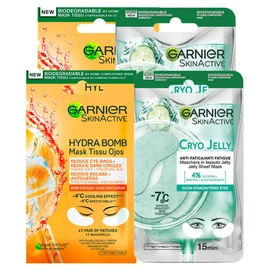 Garnier SkinActive Hydra Bomb Eye Mask for Dark Circles with Orange Juice and Hyaluronic Acid, 4 Patches + Cryo Jelly Eye Mask, Anti-Effect, with Glycerine and Menthol, 4 Patches