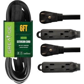 GREATIDE Cable de extensión de 3 salidas de 6 pies con enchufes y contactos planos, 3 clavijas a tierra, 16/3 SPT-3 cable de alimentación duradero para uso en interiores, negro, paquete de 2