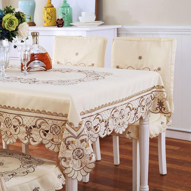 Lelehome Mantel de encaje crema con bordado de flores marrón,