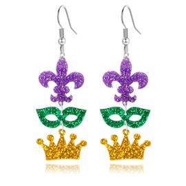 WCRAZYE Mardi Gras Dangle Earrings for Women Acrylic Carnival Theme Mask Lips Hat Lobster Modelling Earrings for Holiday Mardi Gras Gifts (Mask Crown)