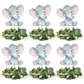 6 Sets Elephant Baby Shower Table Centerpieces with Eucalyptus Wreath Wood Slices Baby Shower Decorations Table Toppers for Boys Girl Pink Elephant Theme Birthday Party Supplies