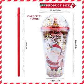 450 ml Christmas Water Bottle with Straw and Lid, Double-Walled Cup, Snowman, Santa Claus, Reusable Water Cup, Smoothie Cup, Leak-Proof Drinking Bottle for Juice, Coffee (BB)