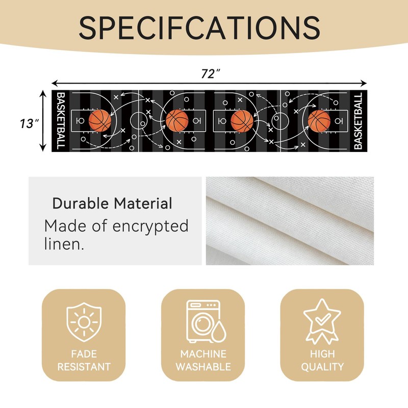 Basketball Court Table Runner, Black, 72x13 Inch