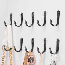 jockcaras Black Wall Hooks for Bathroom, Kitchen, Closet, and Garage - 10 Pack Metal Hooks for Hanging Coats, Towels, Hats, Keys, Bags, and Coffee Cups - Holds Up to 40 lbs