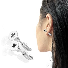 LEEQ 2pcs Women Men Punk Stainless Steel Screw Ear Studs Earrings Jewelry Silver（-）