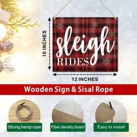 Christmas wooden hanging sign - Sleigh rides - Flannel plaids Christmas elements retro wooden plaque with sisal rope, Front door sign, farmhouse, home & office hanging plaque - A09