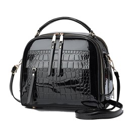 Patent Leather Handbag Multi Pockets Top-handle Satchels Stone Pattern Shoulder Bags All Around Zipper Crossbody Purse, Black