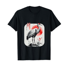 Elegant Crane with Red Sun and Calligraphy T-Shirt