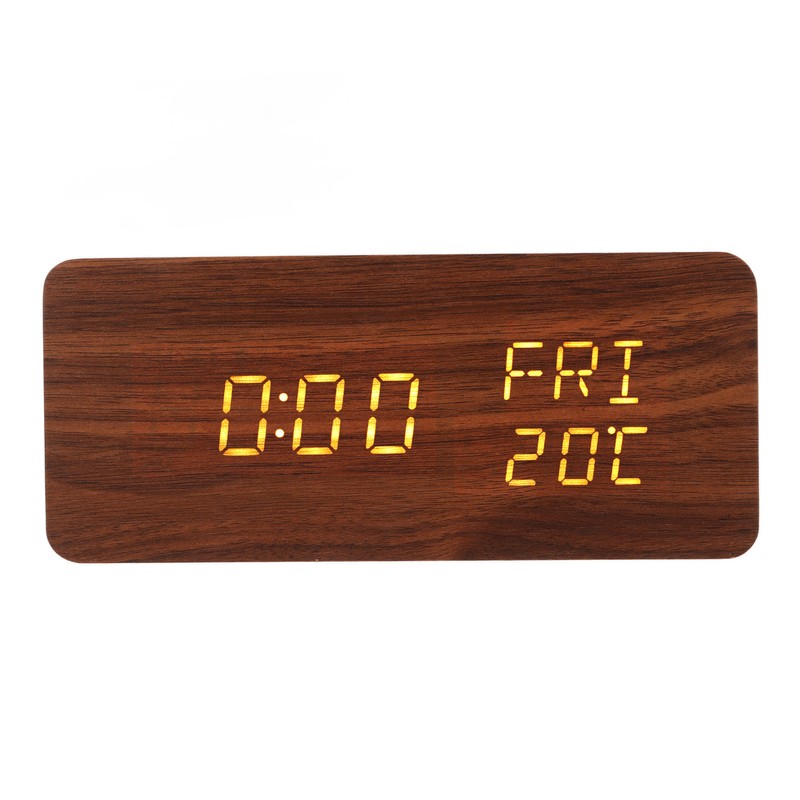 Wooden Digital Alarm Clock Yellow LED Display Adjustable Dimmer Weekday
