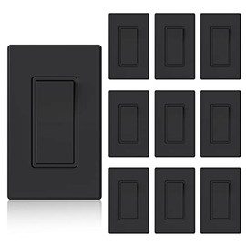 ELEGRP ELEGRP Matte Black Single Pole Decorator Light Switch, 15Amp 120-277V, Paddle Rocker Switch Wall Switch Replacement, Self-Grounding, Residential Grade, w/Wall Plate, UL/CUL (10 Pack)