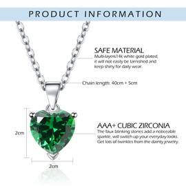 CERSLIMO Silver Heart Necklace for Women Girls - 14K White Gold Plated Cubic Zirconia Necklaces for Ladies, Small 2cm Clear Green Crystal Jewellery Set Wedding Gifts Birthday Christmas