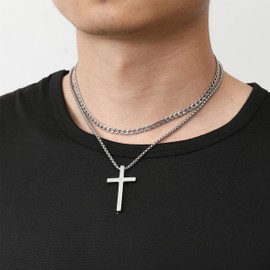 RWQIAN Cross Necklace For Men,Mens Cross Necklaces Silver Big Stainless Steel Layered Cuban Link Cross Chain For Men |18 Inch,Simple Religious Christian Cross Pendant Jewelry for Boys Gifts