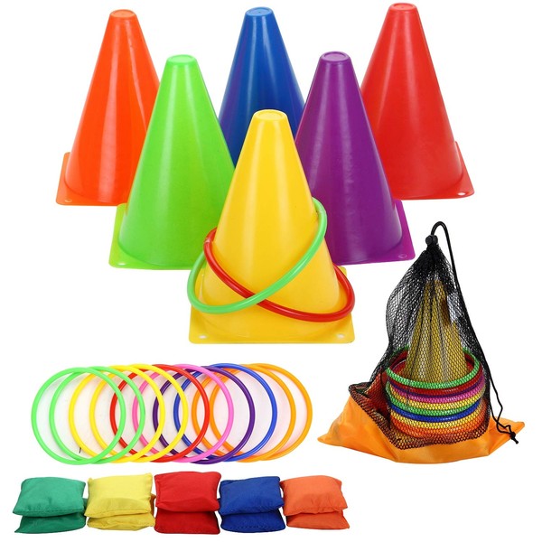 Win SPORTS 3 in 1 Carnival Outdoor,Combo Games Set,Soft Plastic Cones,Cornhole Bean Bags,Ring Toss Game,Kids Birthday Party Outdoor Games Supplies 26 Piece Set
