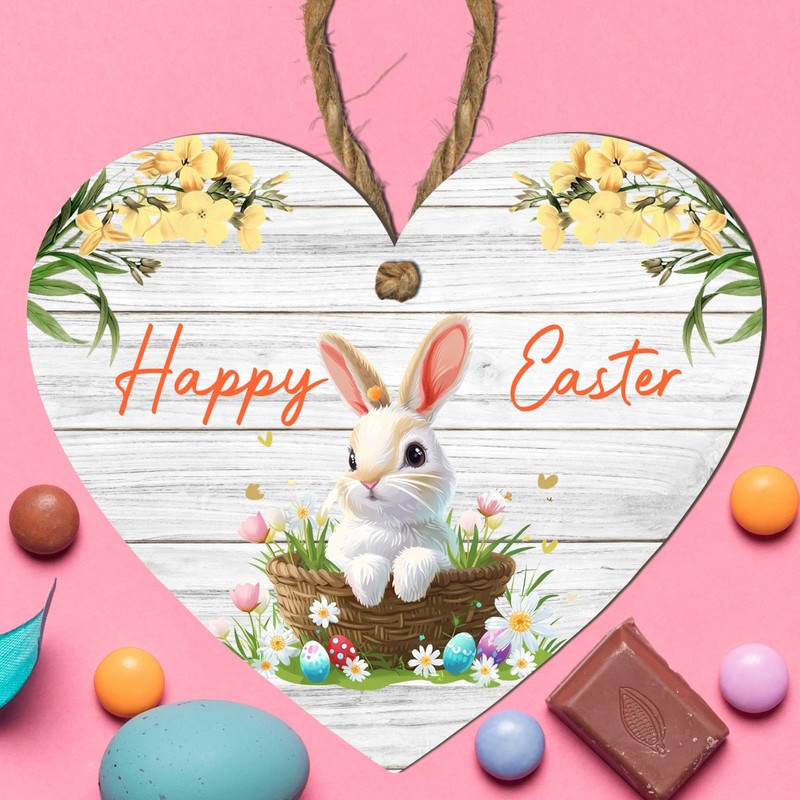 Handcrafted Easter Wooden Heart Plaque with 'Happy Easter' Quote -
