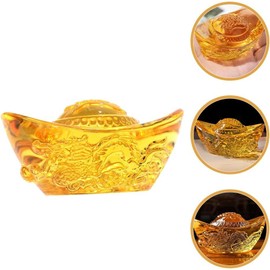 Chinese Gold Ingot Ornament, Dragon Design, Feng Shui Wealth Symbol, Amber Crystal