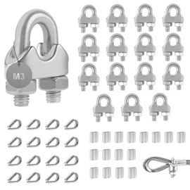 EXLECO 16 Wire Rope Clamp, 3 mm Rope Clamp, Steel Rope, Stainless Steel Bow Shape, Wire Rope Clip, Rope Clamp with Aluminium Sleeves, Thimbles for Steel Cable, Steel Wire, Washing Line, Awning, Fixed