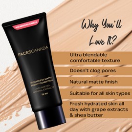 Faces Canada Weightless Matte Finish Foundation | Lightweight Full Coverage Makeup with Natural Extracts | Anti Aging Formula for Smooth, Shine Free, Long Lasting Look | 0.50 Fl Oz (15ml)