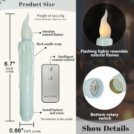 FCMSHAMD Blue Flameless Short Taper Candles, Real Wax Hand Dipped LED Battery Operated with Remote, Flickering Flame Lights for Festival Party Home Décor, 6.7 Inch Primitive Flameless Candles, 2PCS