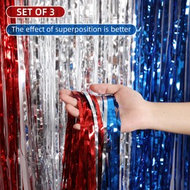 4th of July Decorations 3 Pack 3.2ft x 6.6ft Red White and Blue Tinsel Foil Fringe Curtains 4th of July Photo Booth Prop Backdrop for Independence Day Patriotic Party Memorial Day Labor Day Decor