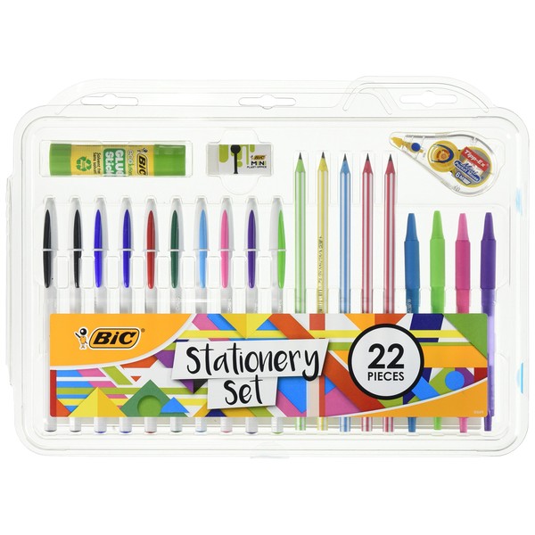 BIC 961543 Stationery Set Glue Stick/Mini Eraser/Correction Tape/HB Graphite Pencil/Ballpoint Pen (Pack of 22)