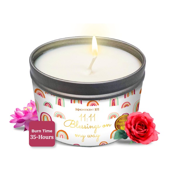 Magnificent 101 Long Lasting Affirmation Candle | 6 Oz - 35 Hour Burn | Soy Wax Smudge Candle for House Energy Cleansing, Purification & Manifestation | 11:11 Blessings on My Way