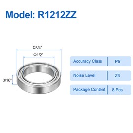 sourcing map 8pcs R1212ZZ Deep Groove Ball Bearings 1/2" ID x 3/4" OD x 3/16" Height P5 Miniature Bearings Double Metal Shielded Chrome Steel Z3 Bearing for Engineering Machinery, Silver Tone