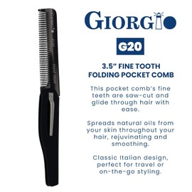 Giorgio G20 Fine Tooth Folding Mustache and Beard Comb - Small Pocket Comb for Everyday Hair Care and Styling - Sawcut and Hand Polished (Black Graphite)