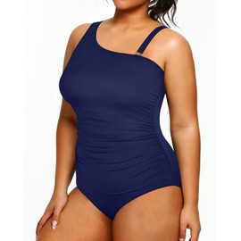 Aqua Eve - Traje de baño de una pieza para mujer, con control de abdomen, traje de baño de un hombro, Azul marino, 18 Plus