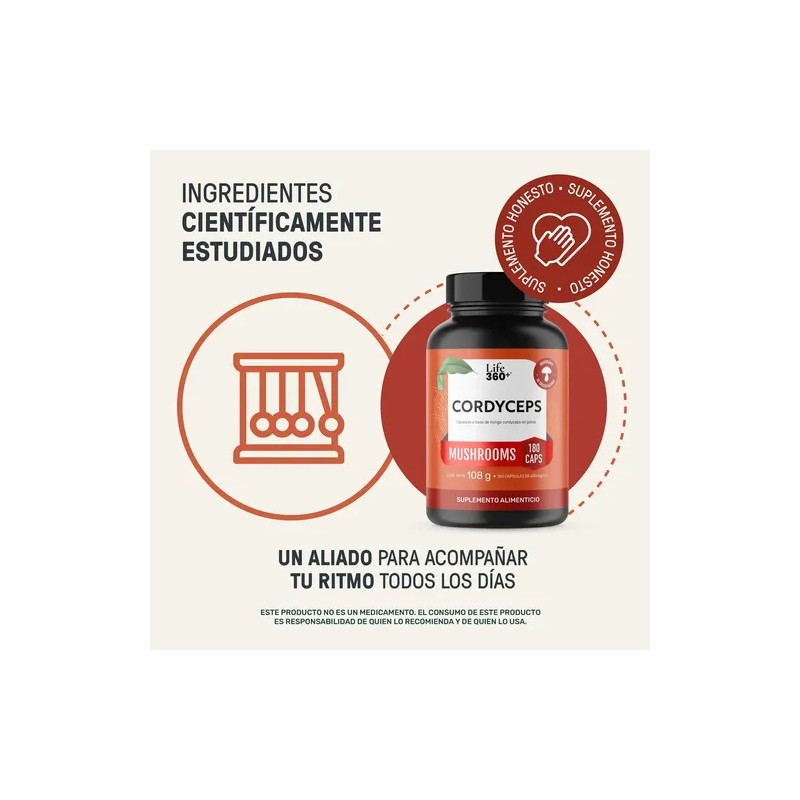 Cordyceps Mushrooms Life 360+ 180 Cápsulas Hongo Cordyceps Sin Sabor