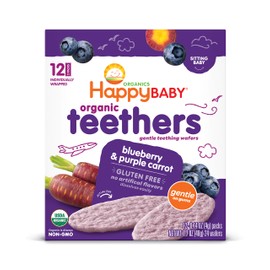 Happy Baby Gentle Teethers Organic Teething Wafers Blueberry Purple Carrot, 0.14 Ounce Packets (Box of 12) Soothing Rice Cookies for Teething Babies Dissolves Easily, Gluten Free No Artificial Flavor