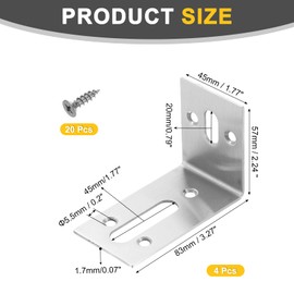 sourcing map 4Pcs Adjustable L-Shape Corner Brace, 57 x 83 x 45mm 2 Slot l Corner Brace Slotted Joint Right Angle Bracket with Screws for Fixing Furniture Wood Shelves Cabinet Shelf, Silver