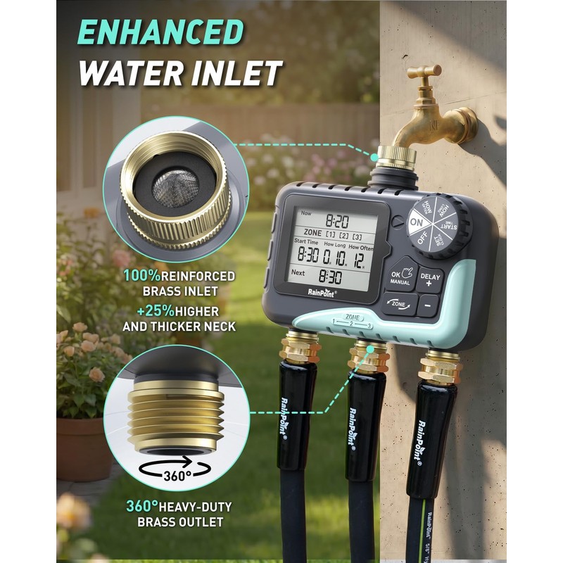 RAINPOINT 3‑Zone Water Timer, Brass Inlet & Outlet, 2027 Upgraded