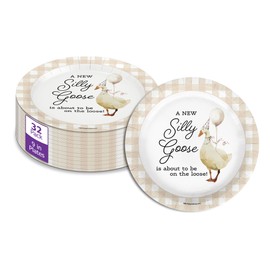 Birthday Galore Silly Goose Baby Shower - 32 Piece Disposable Party Supplies - Beige Gingham Baby Shower Decorations - Round Party Plates - Large 9" Paper Plates In Bulk