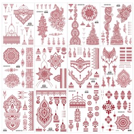 12 Sheets Brown Red Lace Tattoos Stickers,Chest Arm Lotus Mandala Flower Lace Temporary Tattoo,Temporary Tattoos for Women, Indian Red Tattoo Stickers,Girls Body Art，Temporary Tattoo Sticker Set