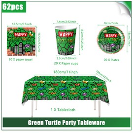 61 pezzi Set di stoviglie per feste di compleanno per bambini Green Turtle, festa di compleanno per bambini Superhero Turtle Shell, tazze, piatti, tovaglioli, tovaglia, adatto per 20 ospiti
